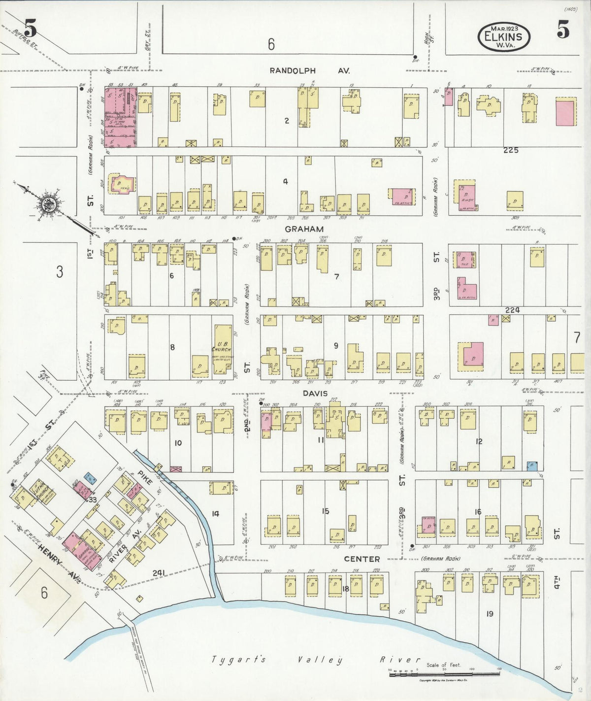 Sanborn Fire Insurance Map from Elkins, Randolph County, West Virginia (1923), Sheet #0005 - Historic Sanborn Fire Insurance Map Print, vintage old map wall art, antique decor, genealogy gift, West Virginia West Virginia map