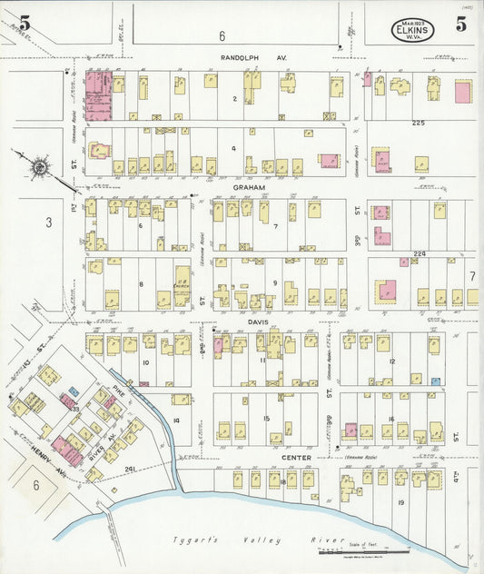 Sanborn Fire Insurance Map from Elkins, Randolph County, West Virginia (1923), Sheet #0005 - Historic Sanborn Fire Insurance Map Print, vintage old map wall art, antique decor, genealogy gift, West Virginia West Virginia map