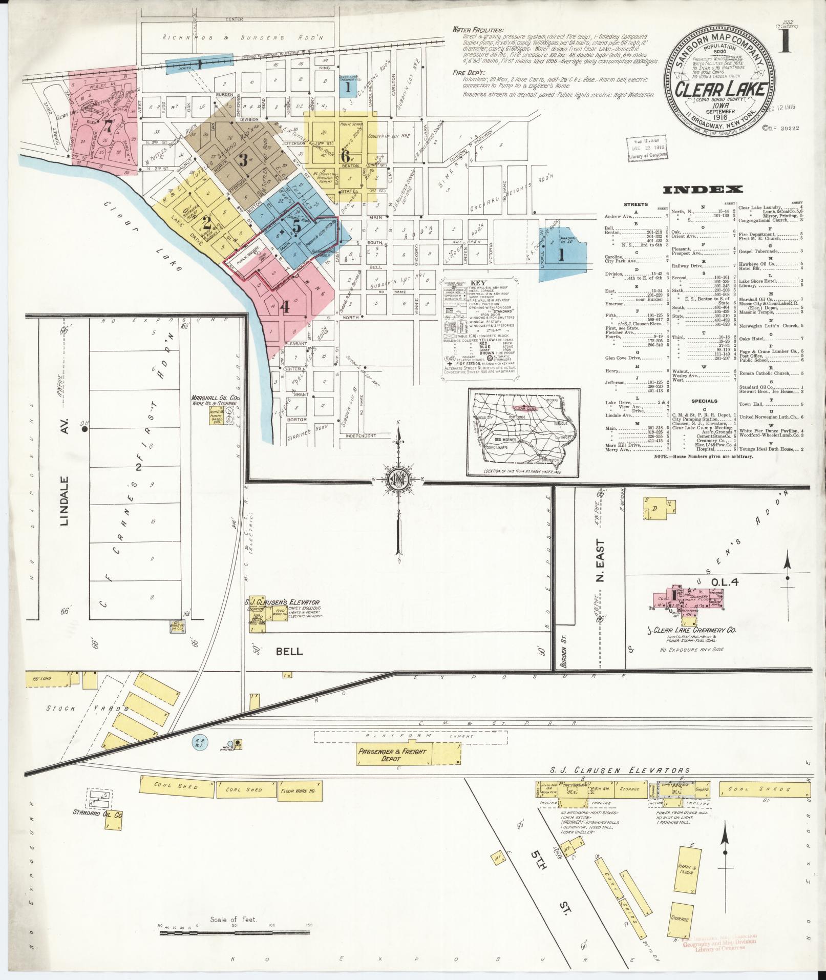 Sanborn Fire Insurance Map from Clear Lake, Cerro Gordo County, Iowa (1916), Sheet #0001 - Historic Sanborn Fire Insurance Map Print, vintage old map wall art