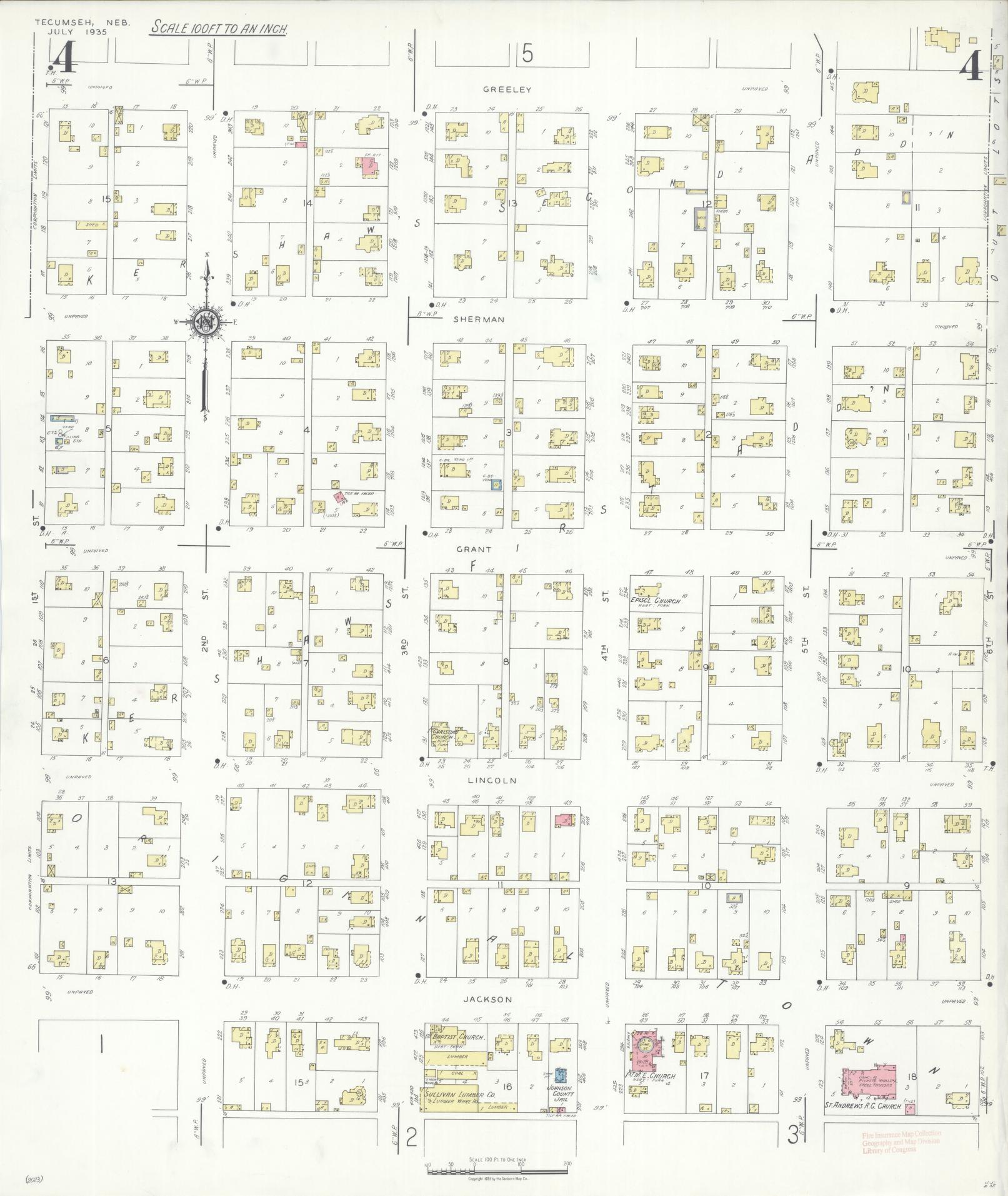Sanborn Fire Insurance Map from Tecumseh, Johnson County, Nebraska (1935), Sheet #0004 - Complete Map Set gallery image, historic Sanborn map, vintage wall art, Nebraska Nebraska