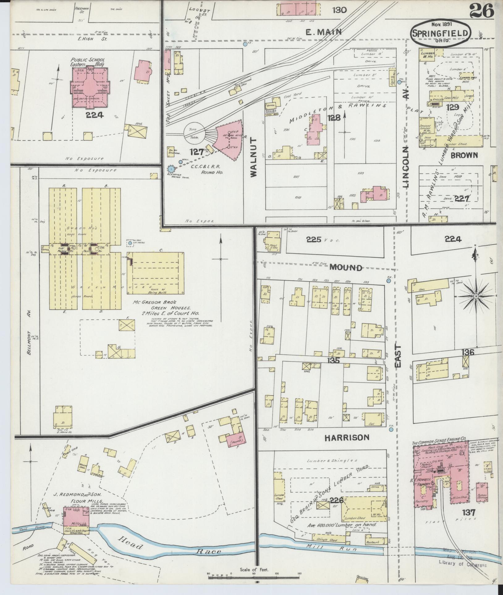 Sanborn Fire Insurance Map from Springfield, Clark County, Ohio (1891), Sheet #0026 - Historic Sanborn Fire Insurance Map Print, vintage old map wall art, antique decor, genealogy gift, Ohio Ohio map