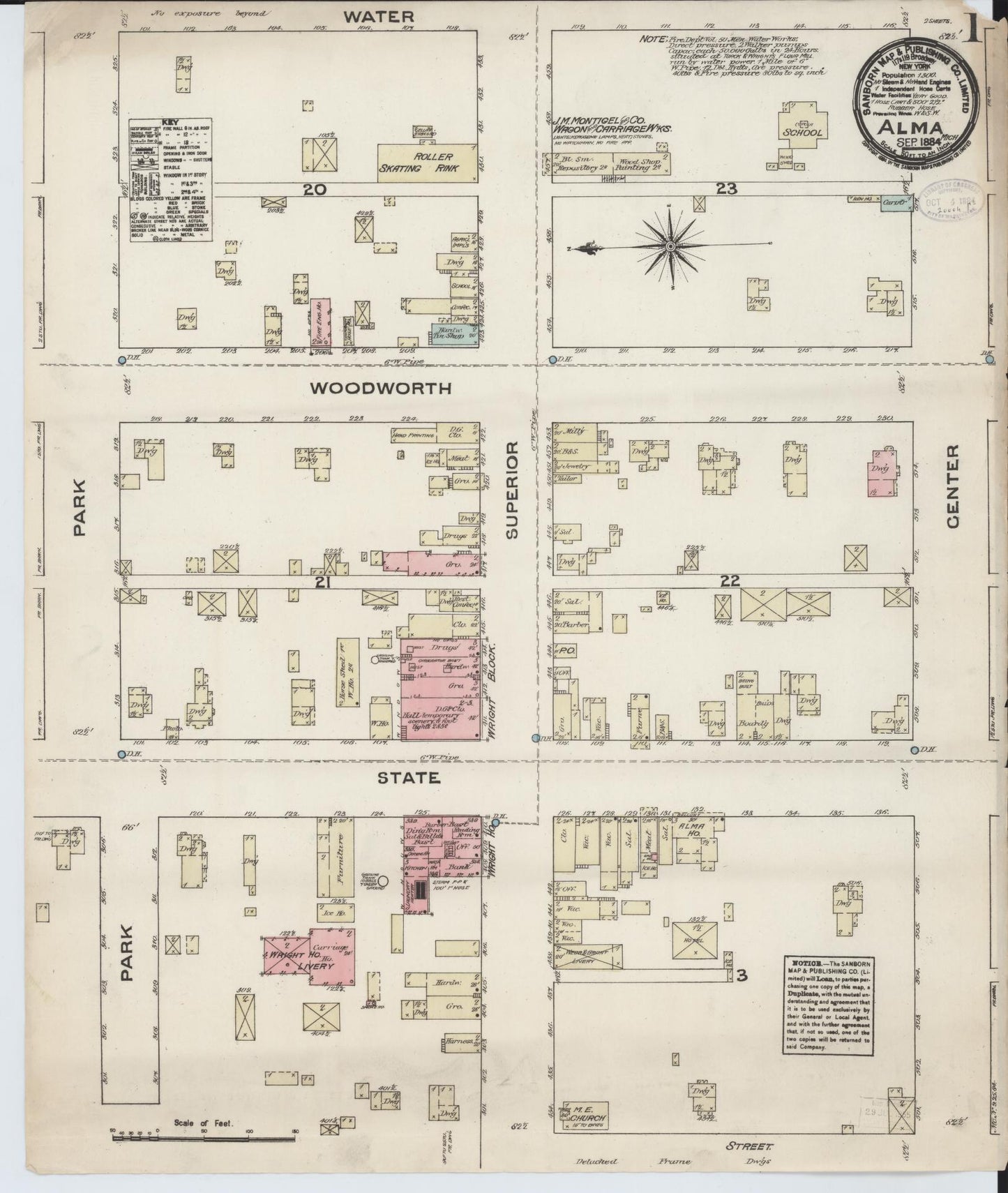 Sanborn Fire Insurance Map from Alma, Gratiot County, Michigan (1884), Sheet #0001 - Historic Sanborn Fire Insurance Map Print, vintage old map wall art, antique decor, genealogy gift, Michigan Michigan map