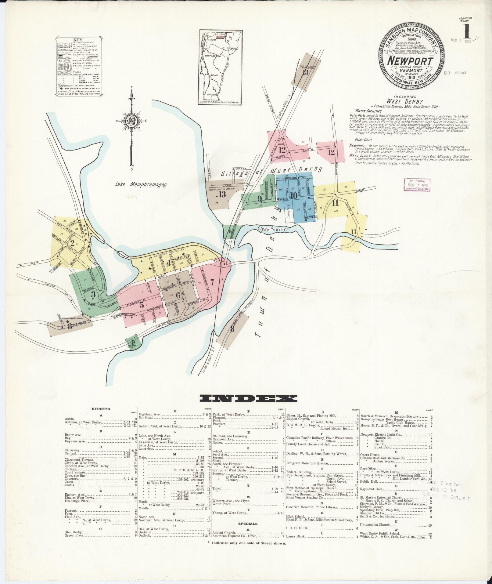 Sanborn Fire Insurance Map from Newport, Orleans County, Vermont (1913), Sheet #0001 - Complete Map Set gallery image, historic Sanborn map, vintage wall art, Vermont Vermont