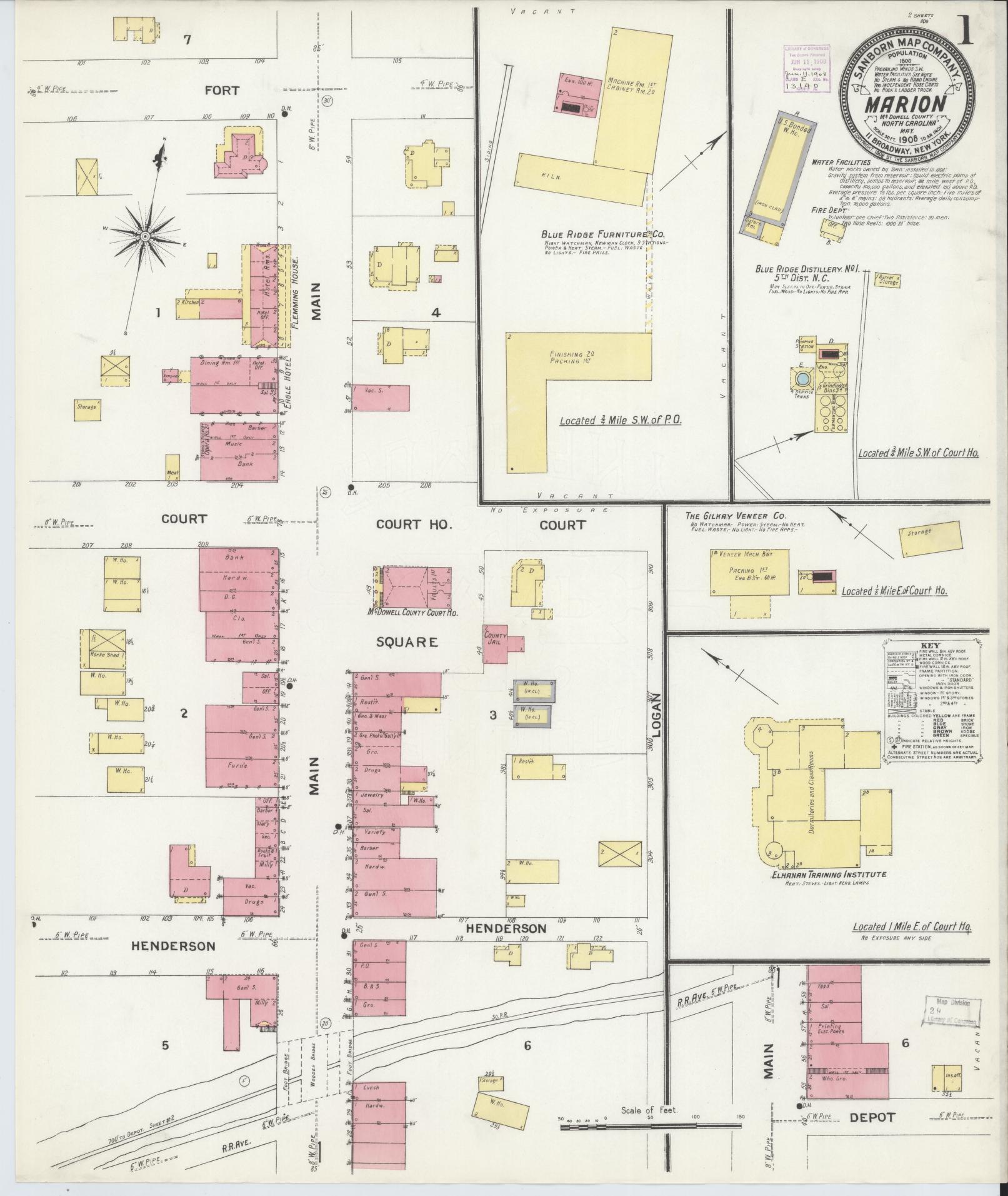 Sanborn Fire Insurance Map from Marion, Mcdowell County, North Carolina (1908), Sheet #0001 - Historic Sanborn Fire Insurance Map Print, vintage old map wall art, antique decor, genealogy gift, North Carolina North Carolina map