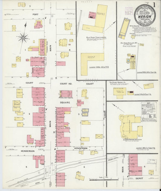 Sanborn Fire Insurance Map from Marion, Mcdowell County, North Carolina (1908), Sheet #0001 - Historic Sanborn Fire Insurance Map Print, vintage old map wall art, antique decor, genealogy gift, North Carolina North Carolina map