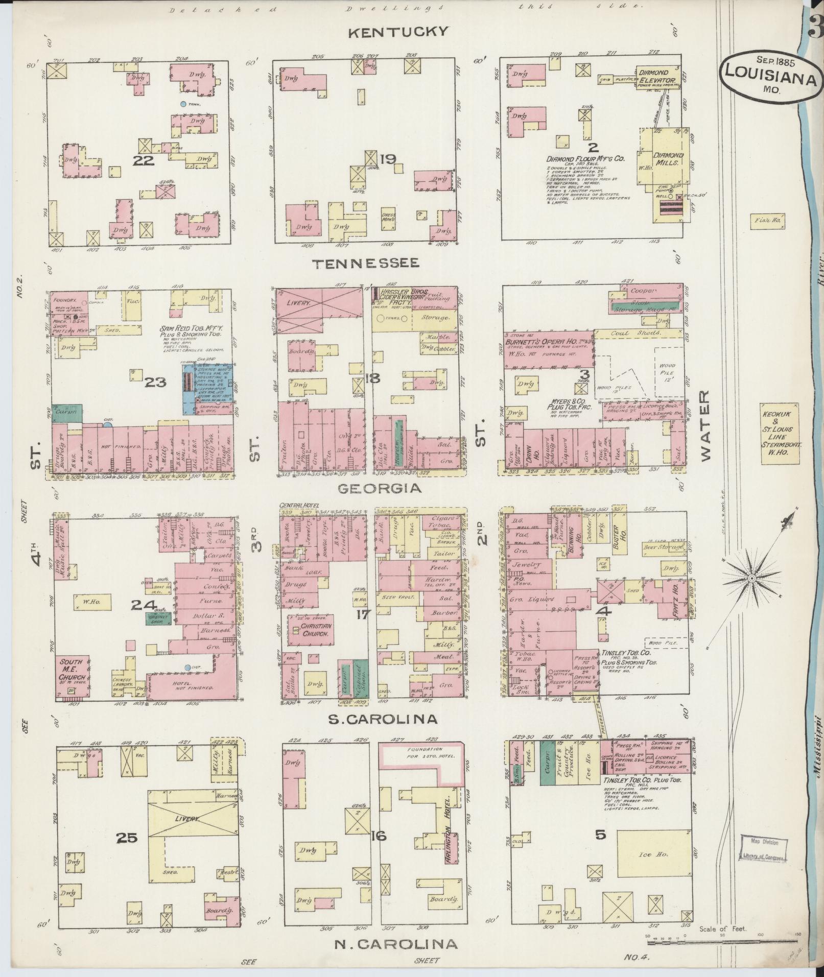 Sanborn Fire Insurance Map from Louisiana, Pike County, Missouri (1885), Sheet #0003 - Historic Sanborn Fire Insurance Map Print, vintage old map wall art, antique decor, genealogy gift, Missouri Missouri map