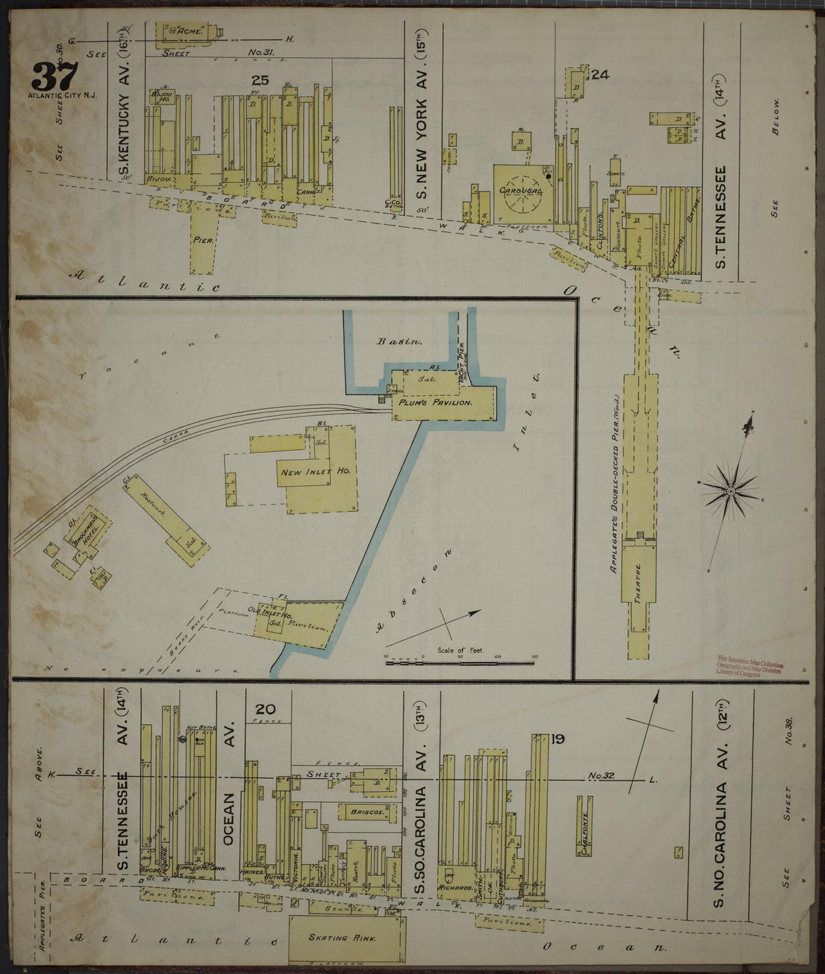 Sanborn Fire Insurance Map from Atlantic City, Atlantic County, New Jersey (1886), Sheet #0037 - Historic Sanborn Fire Insurance Map Print, vintage old map wall art, antique decor, genealogy gift, New Jersey New Jersey map