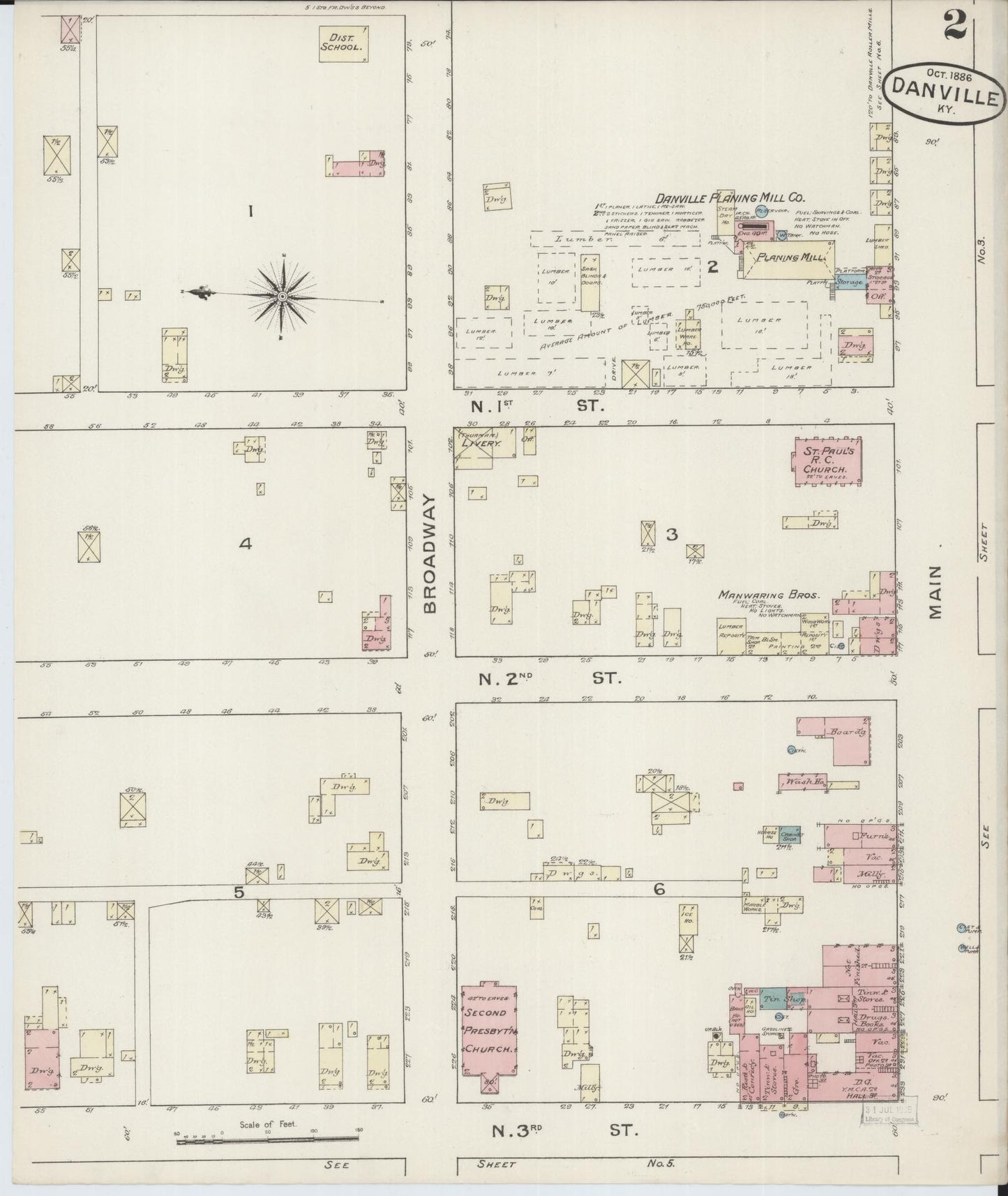 Sanborn Fire Insurance Map from Danville, Boyle County, Kentucky (1886), Sheet #0002 - Complete Map Set gallery image, historic Sanborn map, vintage wall art, Kentucky Kentucky