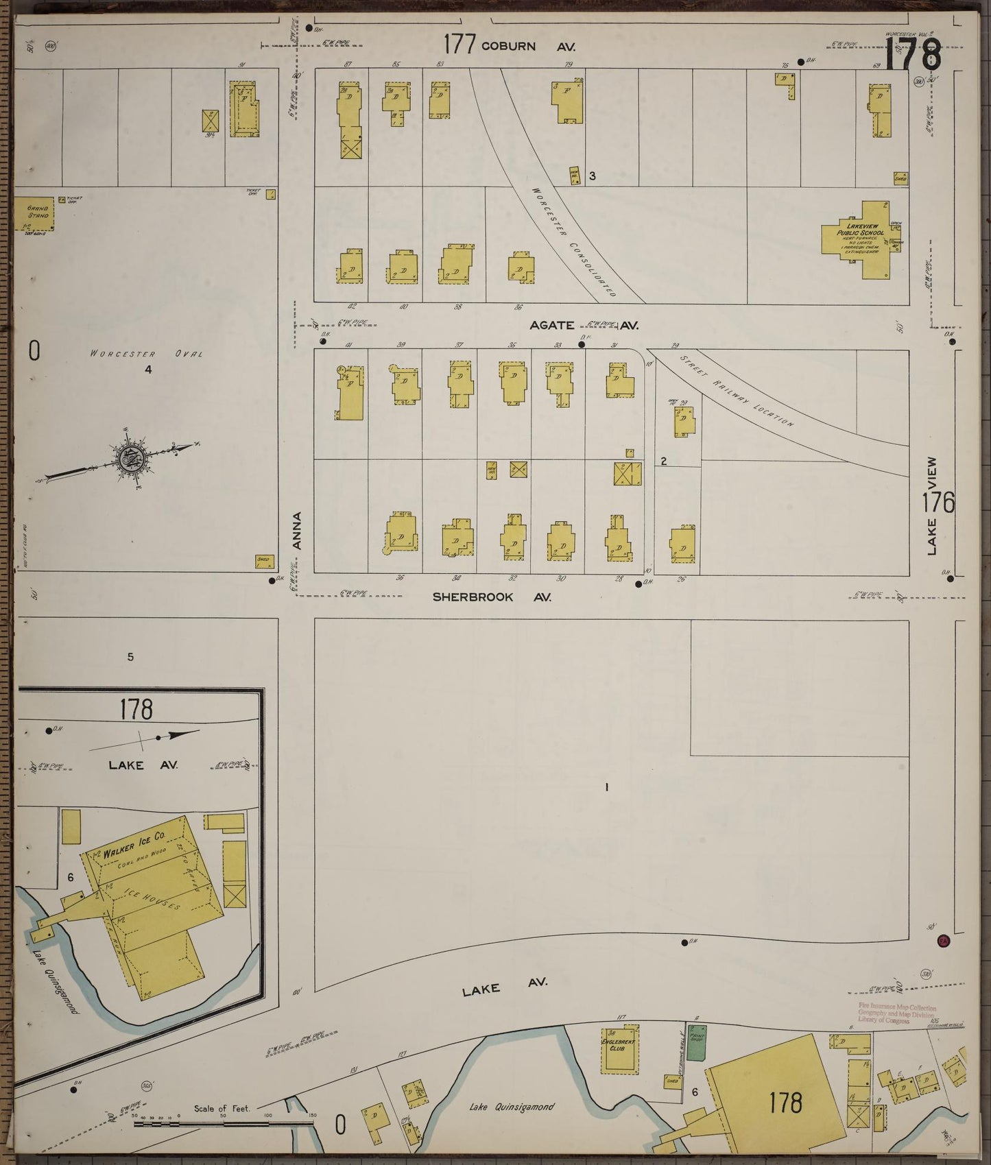 Sanborn Fire Insurance Map from Worcester, Worcester County, Massachusetts (1910), Sheet #0178 - Historic Sanborn Fire Insurance Map Print, vintage old map wall art, antique decor, genealogy gift, Massachusetts Massachusetts map