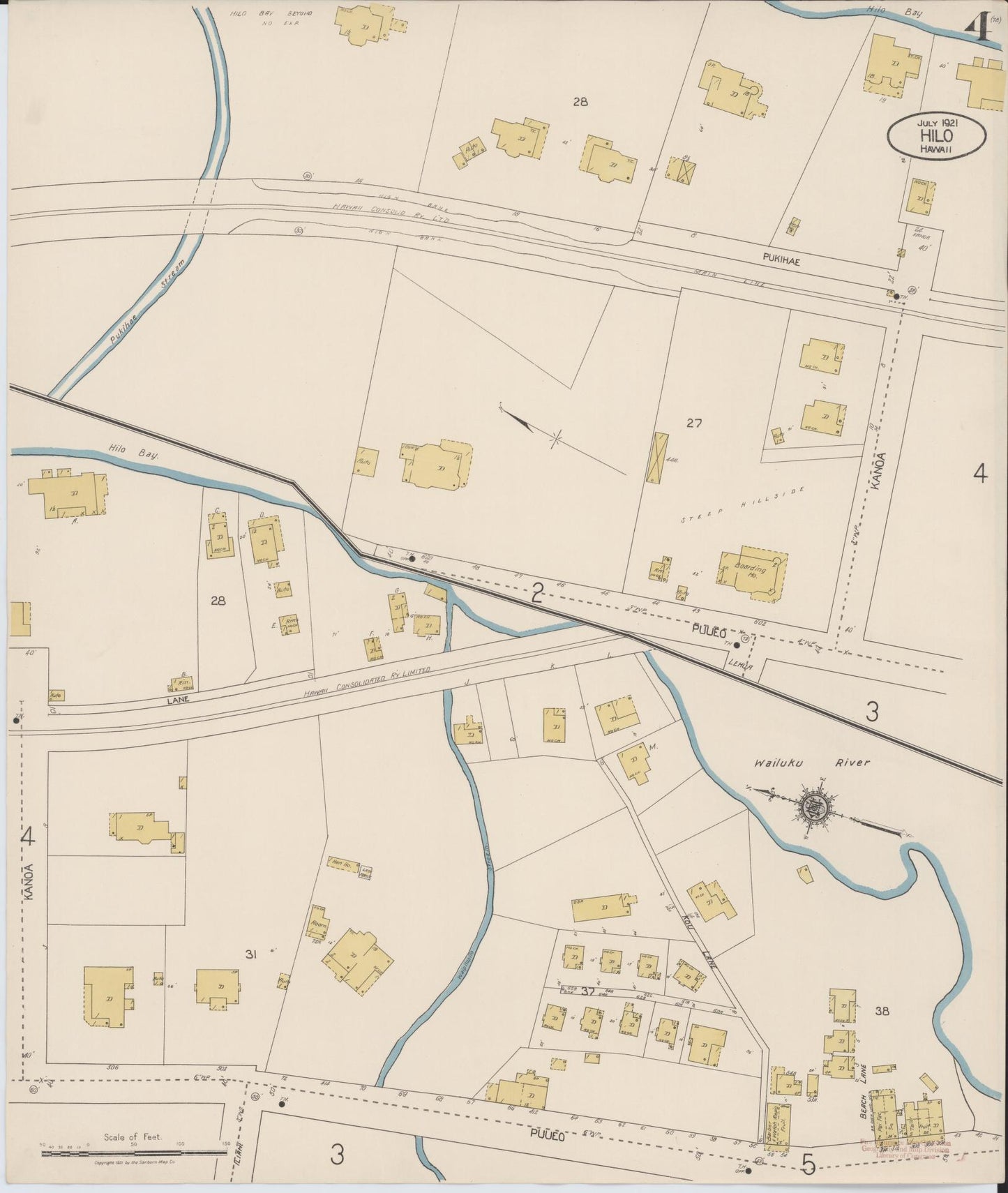 Sanborn Fire Insurance Map from Hilo, Hawaii County, Hawaii (1921), Sheet #0004 - Historic Sanborn Fire Insurance Map Print, vintage old map wall art