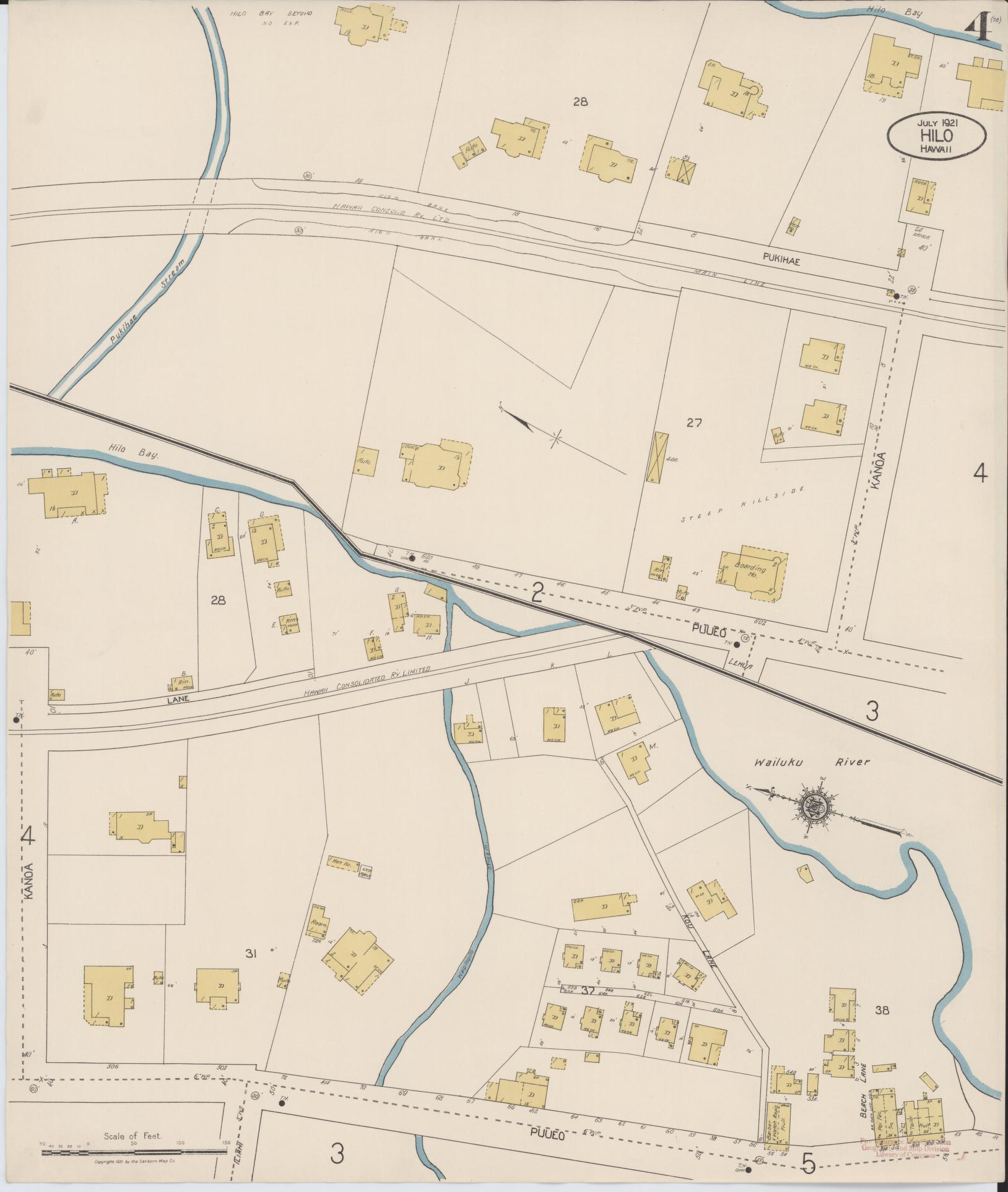Sanborn Fire Insurance Map from Hilo, Hawaii County, Hawaii (1921), Sheet #0004 - Historic Sanborn Fire Insurance Map Print, vintage old map wall art