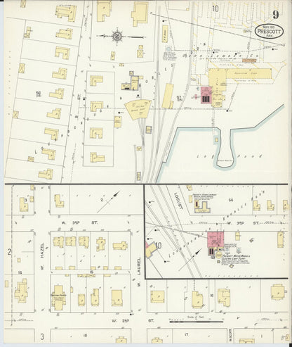 Sanborn Fire Insurance Map from Prescott, Nevada County, Arkansas (1913), Sheet #0009 - Complete Map Set gallery image, historic Sanborn map, vintage wall art, Prescott Nevada