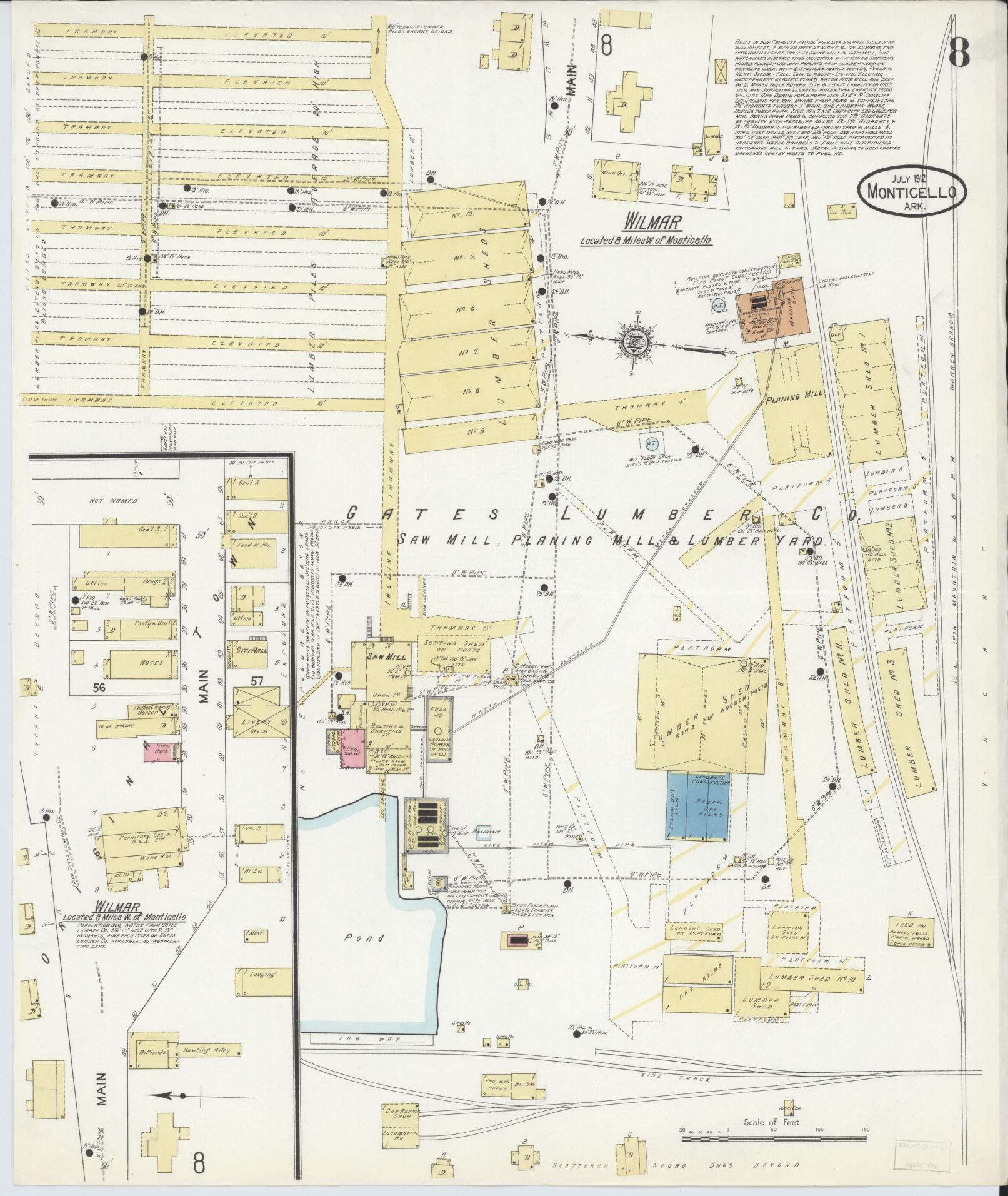 Sanborn Fire Insurance Map from Monticello, Drew County, Arkansas (1912), Sheet #0008 - Historic Sanborn Fire Insurance Map Print, vintage old map wall art, antique decor, genealogy gift, Arkansas Arkansas map