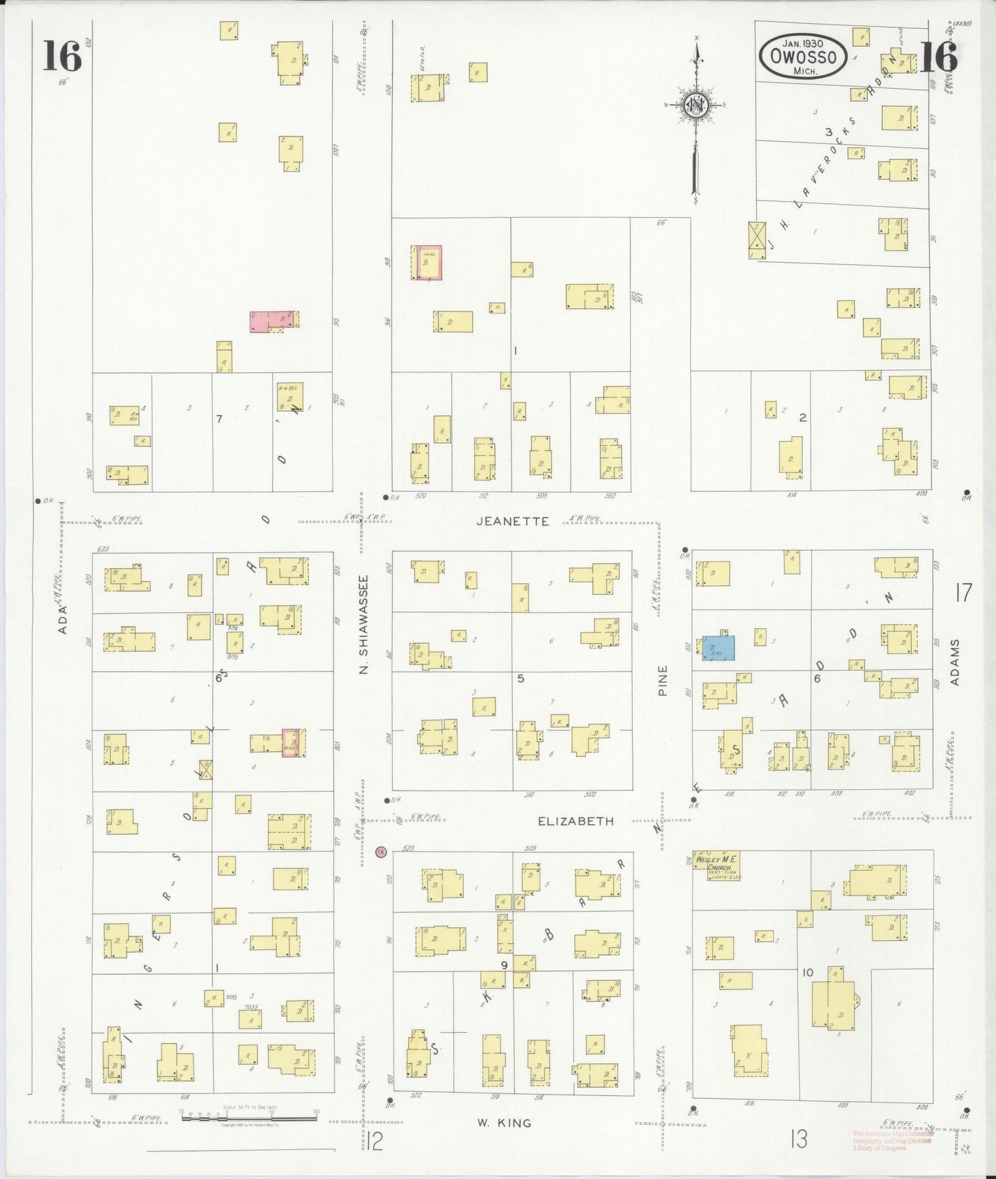 Sanborn Fire Insurance Map from Owosso, Shiawassee County, Michigan (1930), Sheet #0016 - Complete Map Set gallery image, historic Sanborn map, vintage wall art, Michigan Michigan