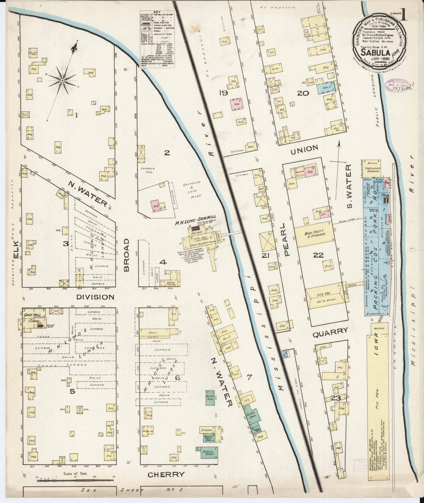 Sanborn Fire Insurance Map from Sabula, Jackson County, Iowa (1886), Sheet #0001 - Historic Sanborn Fire Insurance Map Print, vintage old map wall art