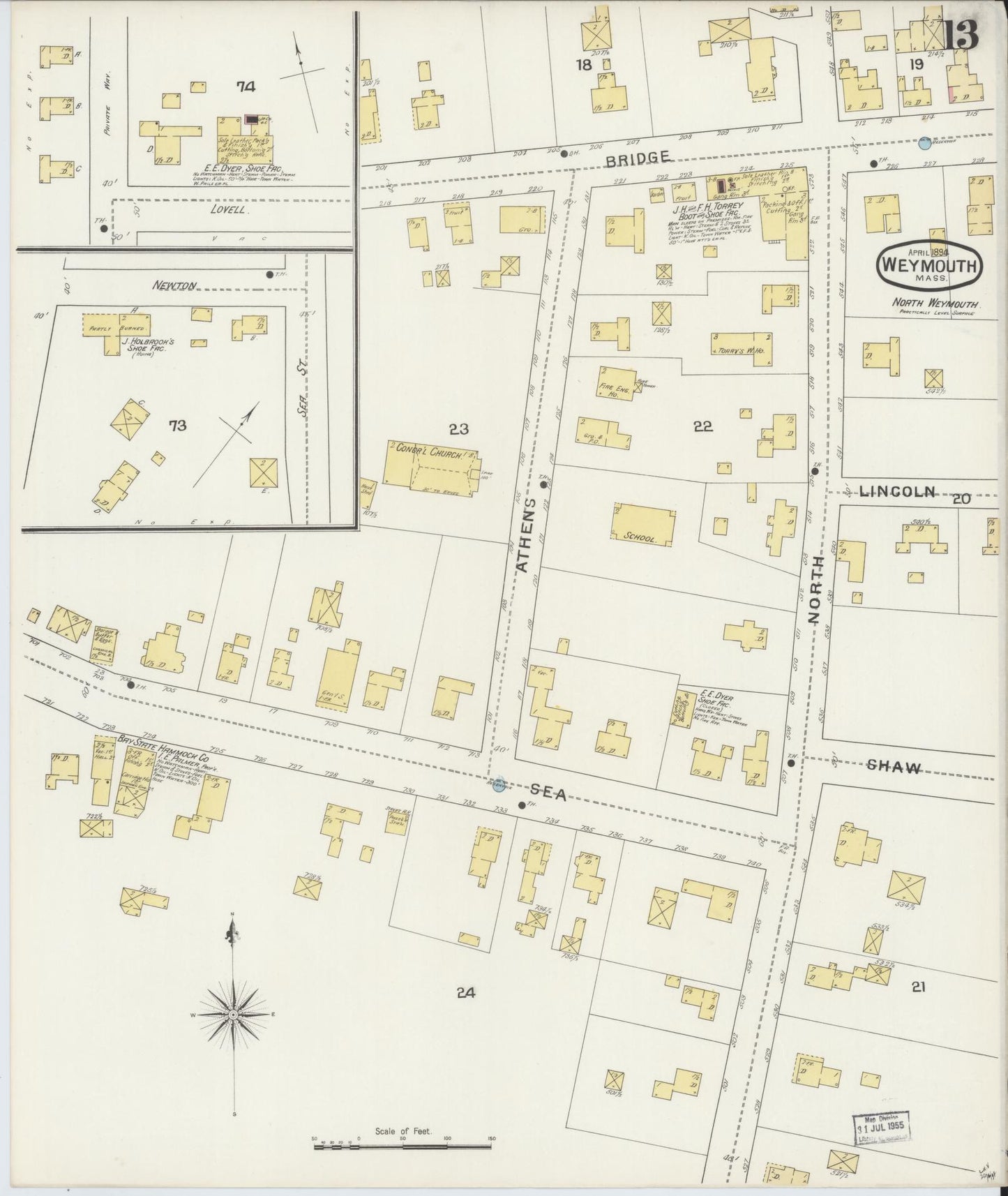 Sanborn Fire Insurance Map from Weymouth, Norfolk County, Massachusetts (1894), Sheet #0013 - Complete Map Set gallery image, historic Sanborn map, vintage wall art, Massachusetts Massachusetts