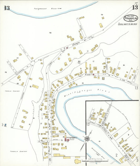 Sanborn Fire Insurance Map from Franklin, Merrimack County, New Hampshire (1923), Sheet #0013 - Historic Sanborn Fire Insurance Map Print, vintage old map wall art, antique decor, genealogy gift, New Hampshire New Hampshire map