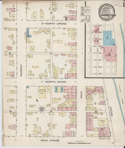 Sanborn Fire Insurance Map from Shawneetown, Gallatin County, Illinois (1885), Sheet #0001 - Complete Map Set gallery image, historic Sanborn map, vintage wall art, Illinois Illinois