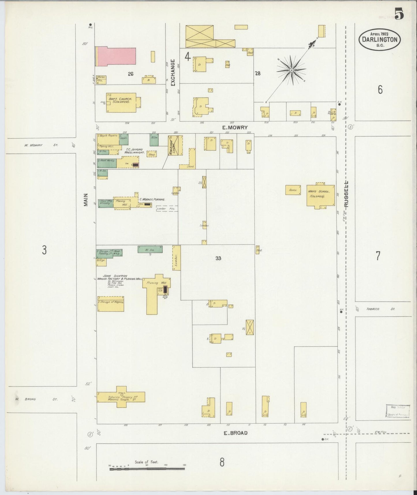 Sanborn Fire Insurance Map from Darlington, Darlington County, South Carolina (1903), Sheet #0005 - Complete Map Set gallery image, historic Sanborn map, vintage wall art, South Carolina South Carolina