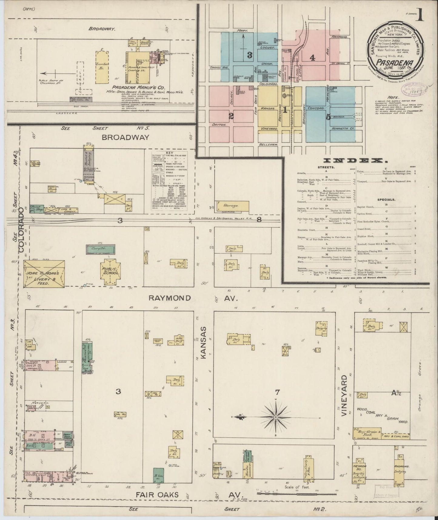 Sanborn Fire Insurance Map from Pasadena, Los Angeles County, California (1887), Sheet #0001 - Complete Map Set gallery image, historic Sanborn map, vintage wall art, California California
