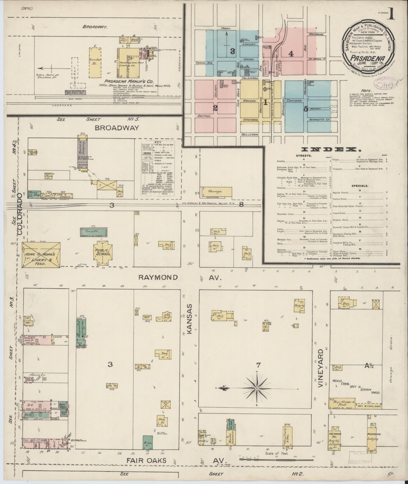 Sanborn Fire Insurance Map from Pasadena, Los Angeles County, California (1887), Sheet #0001 - Complete Map Set gallery image, historic Sanborn map, vintage wall art, California California