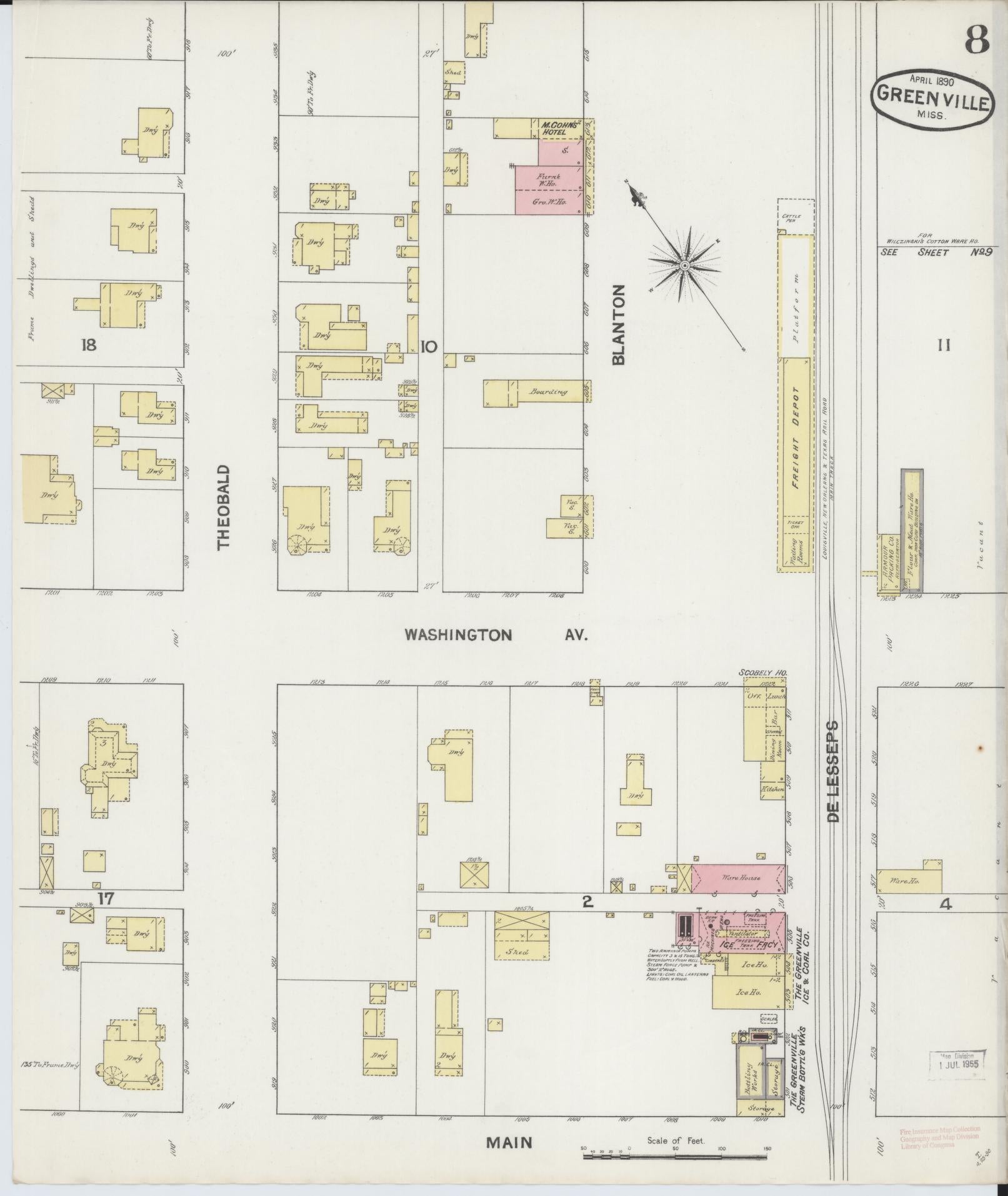 Sanborn Fire Insurance Map from Greenville, Washington County, Mississippi (1890), Sheet #0008 - Historic Sanborn Fire Insurance Map Print, vintage old map wall art, antique decor, genealogy gift, Mississippi Mississippi map
