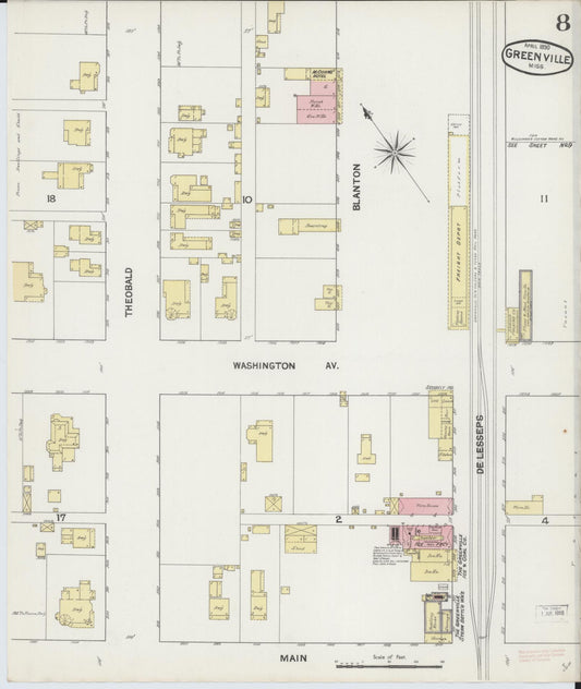 Sanborn Fire Insurance Map from Greenville, Washington County, Mississippi (1890), Sheet #0008 - Historic Sanborn Fire Insurance Map Print, vintage old map wall art, antique decor, genealogy gift, Mississippi Mississippi map