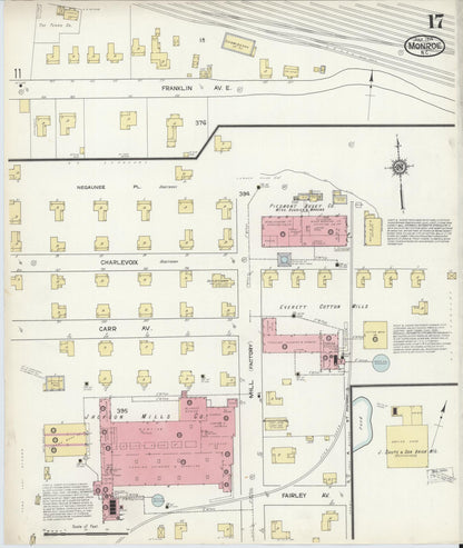 Sanborn Fire Insurance Map from Monroe, Union County, North Carolina (1914), Sheet #0017 - Historic Sanborn Fire Insurance Map Print, vintage old map wall art, antique decor, genealogy gift, North Carolina North Carolina map