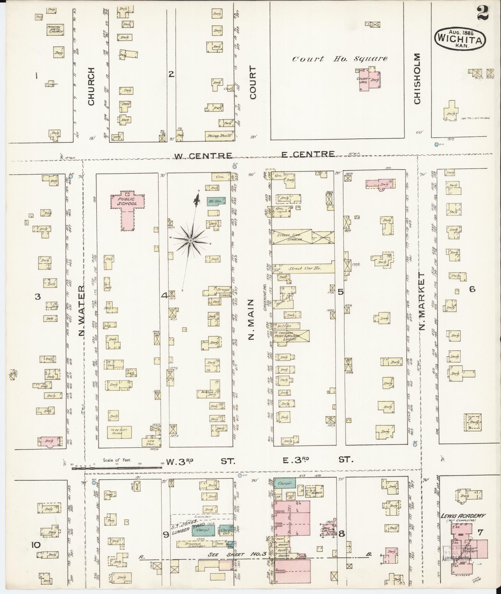 Sanborn Fire Insurance Map from Wichita, Sedgwick County, Kansas (1886), Sheet #0002 - Complete Map Set gallery image, historic Sanborn map, vintage wall art, Kansas Kansas