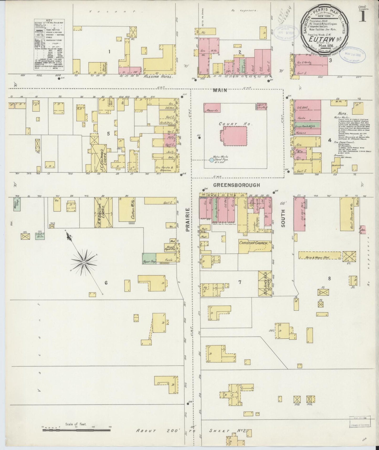 Sanborn Fire Insurance Map from Eutaw, Greene County, Alabama (1898), Sheet #0001 - Complete Map Set gallery image, historic Sanborn map, vintage wall art, Alabama Alabama