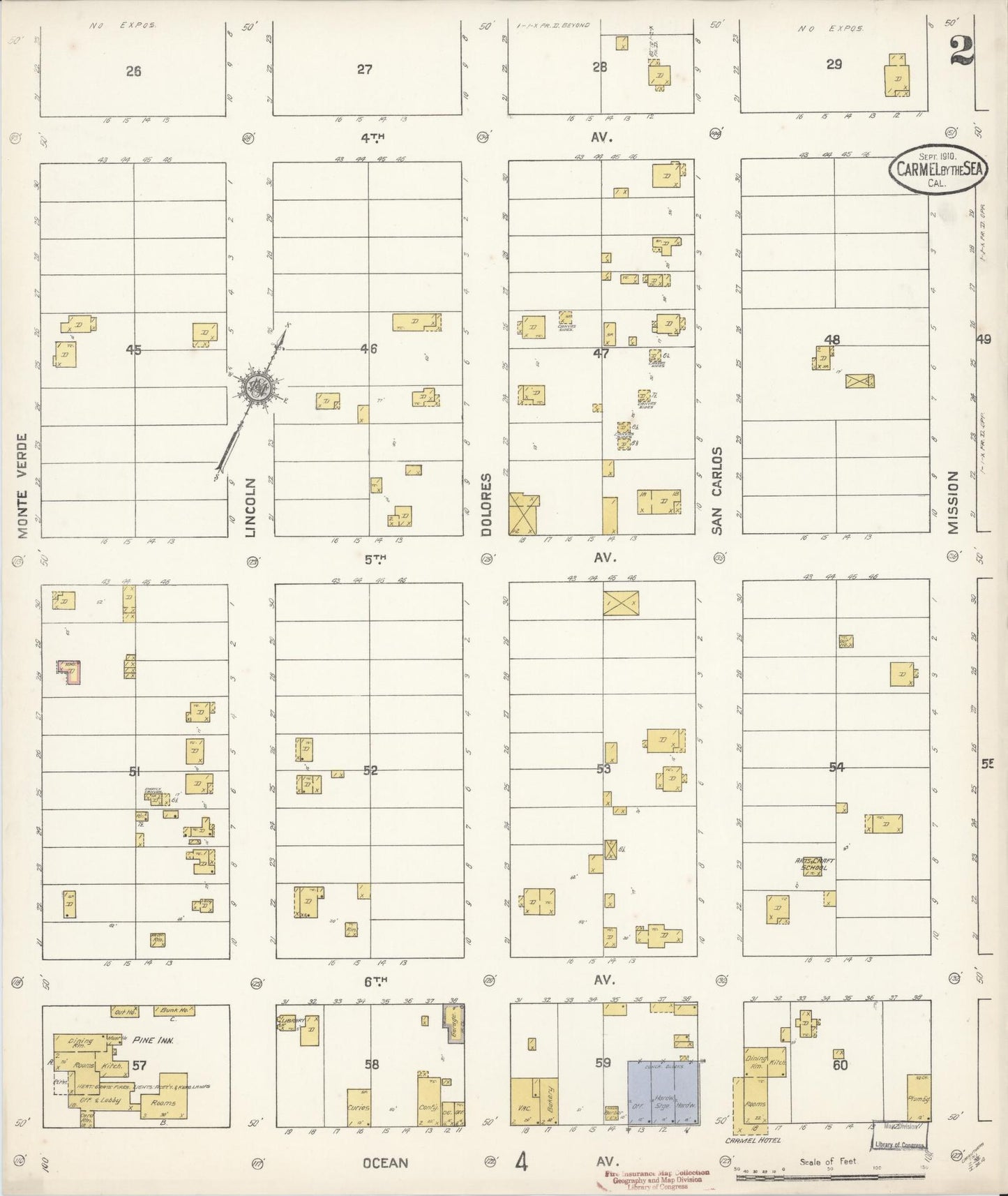 Sanborn Fire Insurance Map from Carmel By The Sea, Monterey County, California (1910), Sheet #0002 - Complete Map Set gallery image, historic Sanborn map, vintage wall art, California California