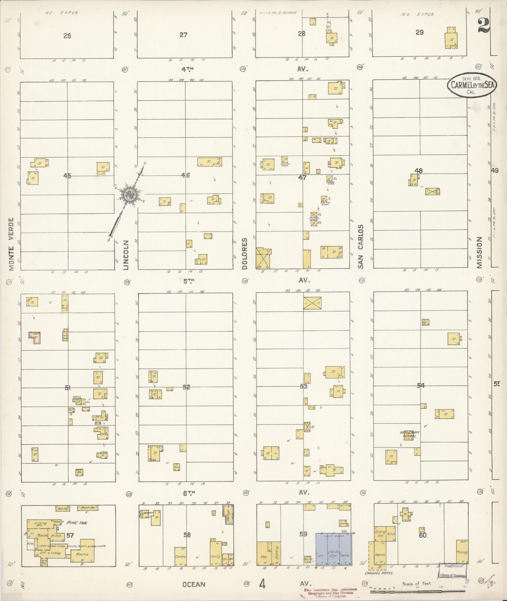 Sanborn Fire Insurance Map from Carmel By The Sea, Monterey County, California (1910), Sheet #0002 - Complete Map Set gallery image, historic Sanborn map, vintage wall art, California California