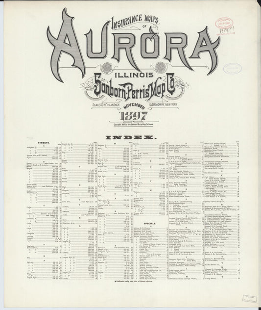 Sanborn Fire Insurance Map from Aurora, Kane County, Illinois (1897), Sheet #0001 - Historic Sanborn Fire Insurance Map Print, vintage old map wall art, antique decor, genealogy gift, Illinois Illinois map