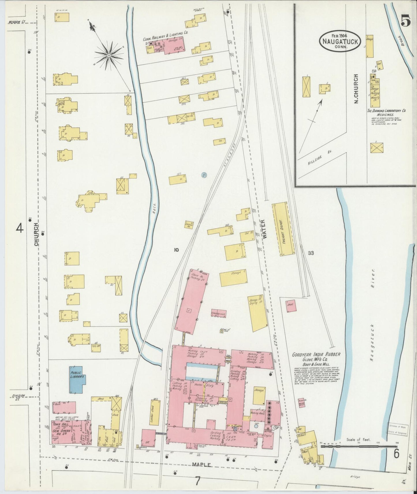 Sanborn Fire Insurance Map from Naugatuck, New Haven County, Connecticut (1904), Sheet #0005 - Complete Map Set gallery image, historic Sanborn map, vintage wall art, Connecticut Connecticut