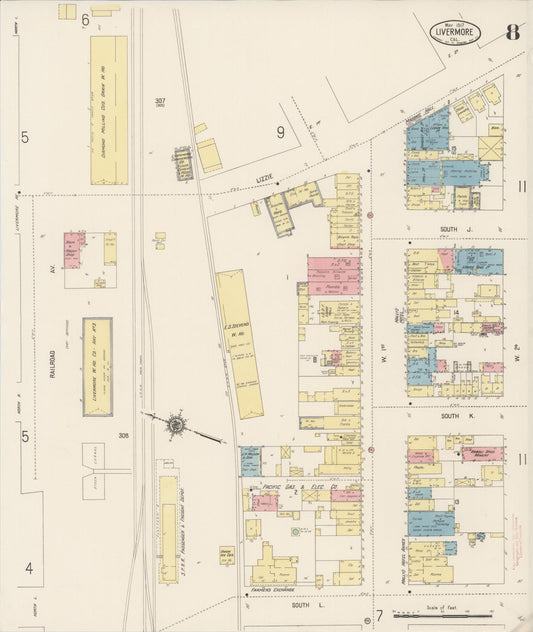 Sanborn Fire Insurance Map from Livermore, Alameda County, California (1917), Sheet #0008 - Historic Sanborn Fire Insurance Map Print, vintage old map wall art, antique decor, genealogy gift, California California map