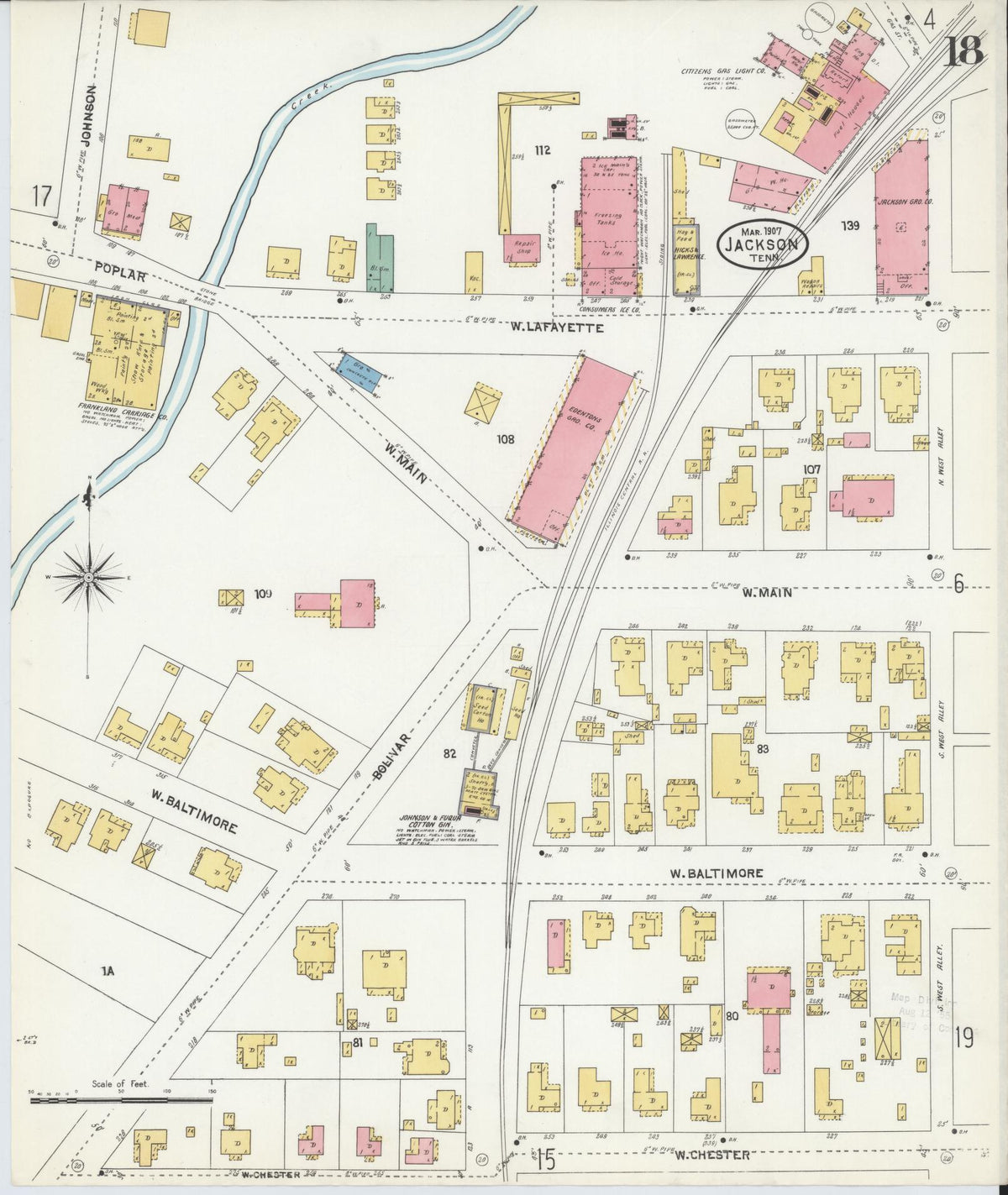 Sanborn Fire Insurance Map from Jackson, Madison County, Tennessee (1907), Sheet #0018 - Historic Sanborn Fire Insurance Map Print, vintage old map wall art, antique decor, genealogy gift, Tennessee Tennessee map