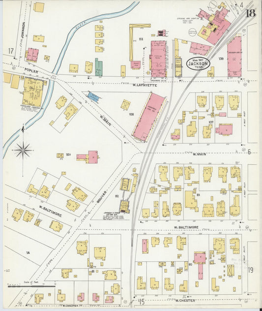 Sanborn Fire Insurance Map from Jackson, Madison County, Tennessee (1907), Sheet #0018 - Historic Sanborn Fire Insurance Map Print, vintage old map wall art, antique decor, genealogy gift, Tennessee Tennessee map