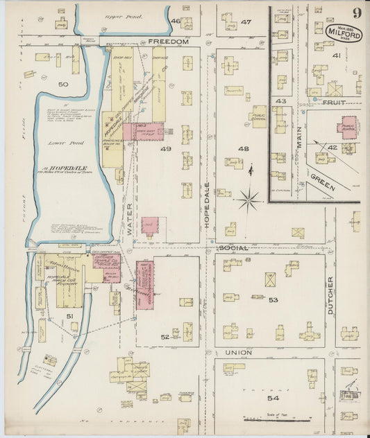 Sanborn Fire Insurance Map from Milford, Worcester County, Massachusetts (1885), Sheet #0009 - Historic Sanborn Fire Insurance Map Print, vintage old map wall art, antique decor, genealogy gift, Massachusetts Massachusetts map