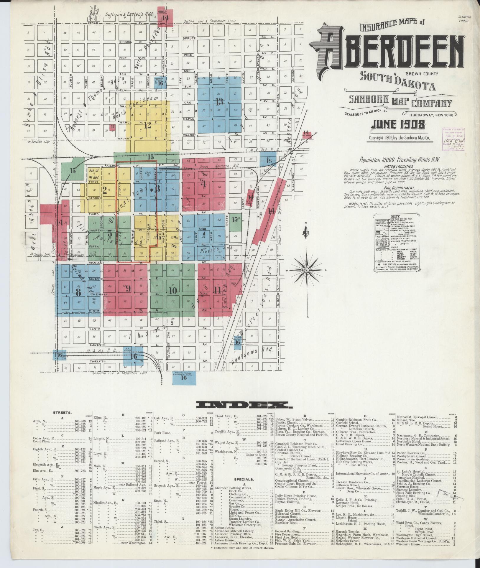 Sanborn Fire Insurance Map from Aberdeen, Brown County, South Dakota (1908), Sheet #0001 - Historic Sanborn Fire Insurance Map Print, vintage old map wall art, antique decor, genealogy gift, South Dakota South Dakota map
