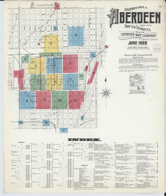 Sanborn Fire Insurance Map from Aberdeen, Brown County, South Dakota (1908), Sheet #0001 - Historic Sanborn Fire Insurance Map Print, vintage old map wall art, antique decor, genealogy gift, South Dakota South Dakota map