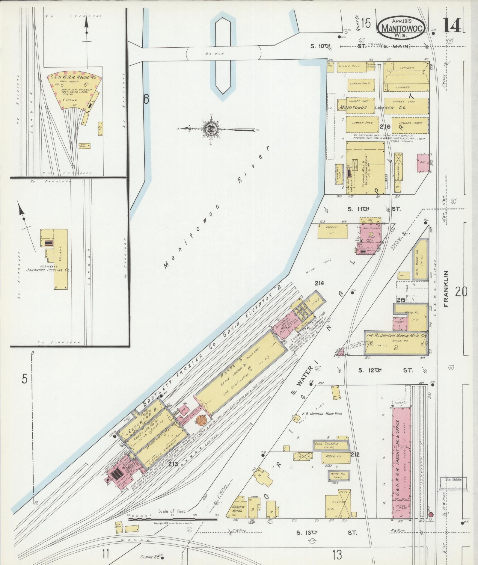 Sanborn Fire Insurance Map from Manitowoc, Manitowoc County, Wisconsin (1919), Sheet #0014 - Historic Sanborn Fire Insurance Map Print, vintage old map wall art, antique decor, genealogy gift, Wisconsin Wisconsin map