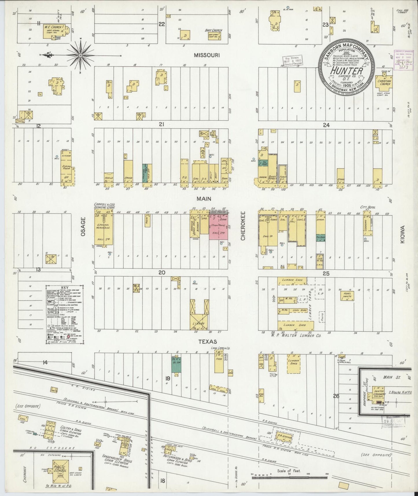 Sanborn Fire Insurance Map from Hunter, Garfield County, Oklahoma (1905), Sheet #0001 - Historic Sanborn Fire Insurance Map Print, vintage old map wall art, antique decor, genealogy gift, Oklahoma Oklahoma map