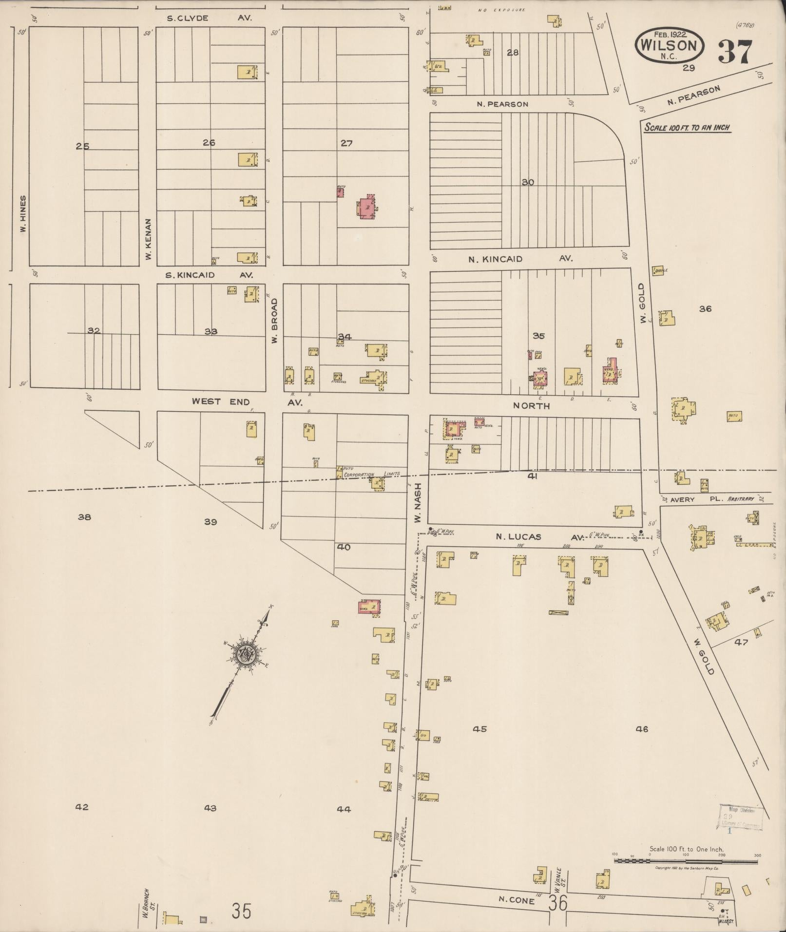 Sanborn Fire Insurance Map from Wilson, Wilson County, North Carolina (1922), Sheet #0037 - Historic Sanborn Fire Insurance Map Print, vintage old map wall art, antique decor, genealogy gift, North Carolina North Carolina map