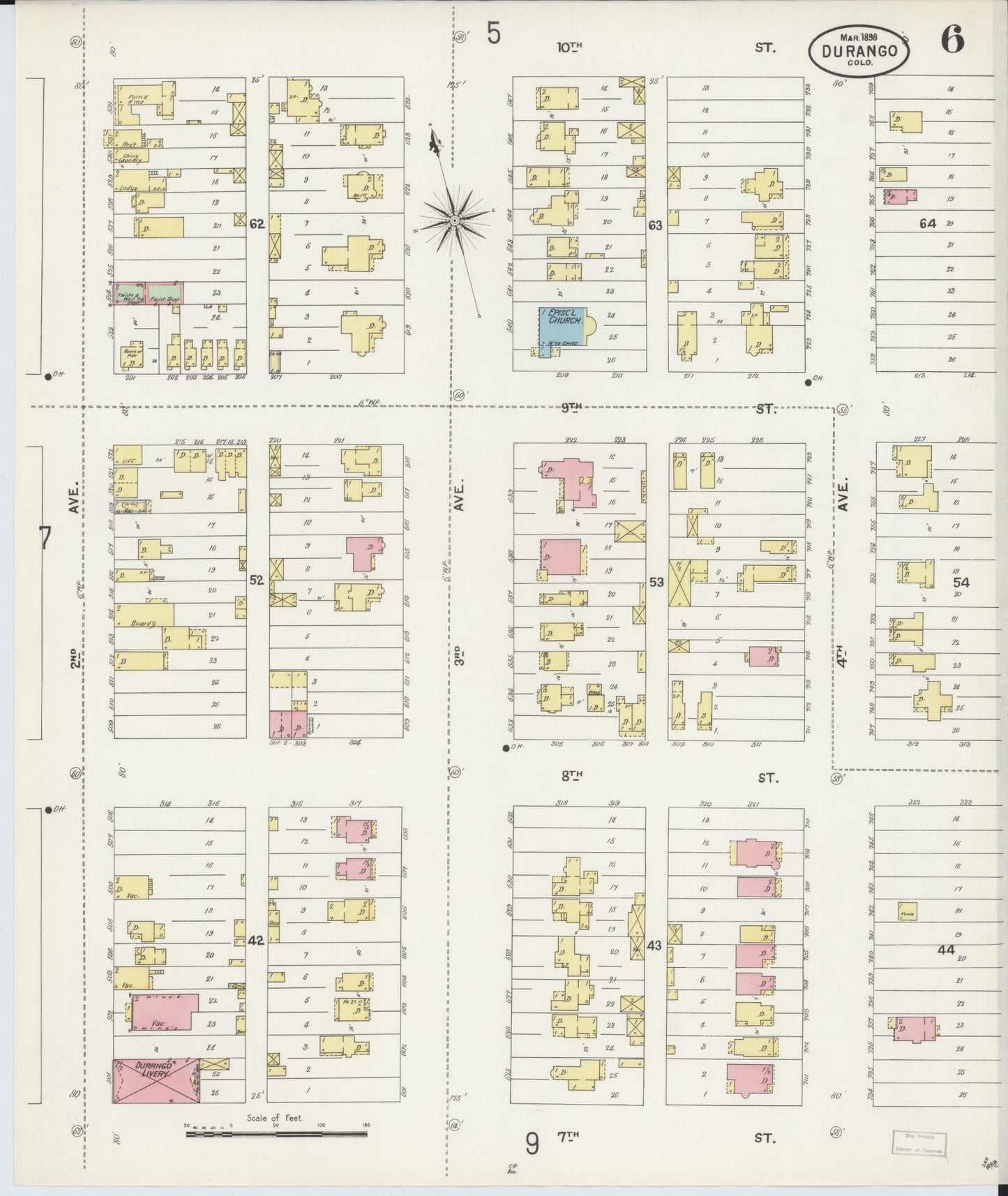 Sanborn Fire Insurance Map from Durango, La Plata County, Colorado (1898), Sheet #0006 - Complete Map Set gallery image, historic Sanborn map, vintage wall art, Colorado Colorado