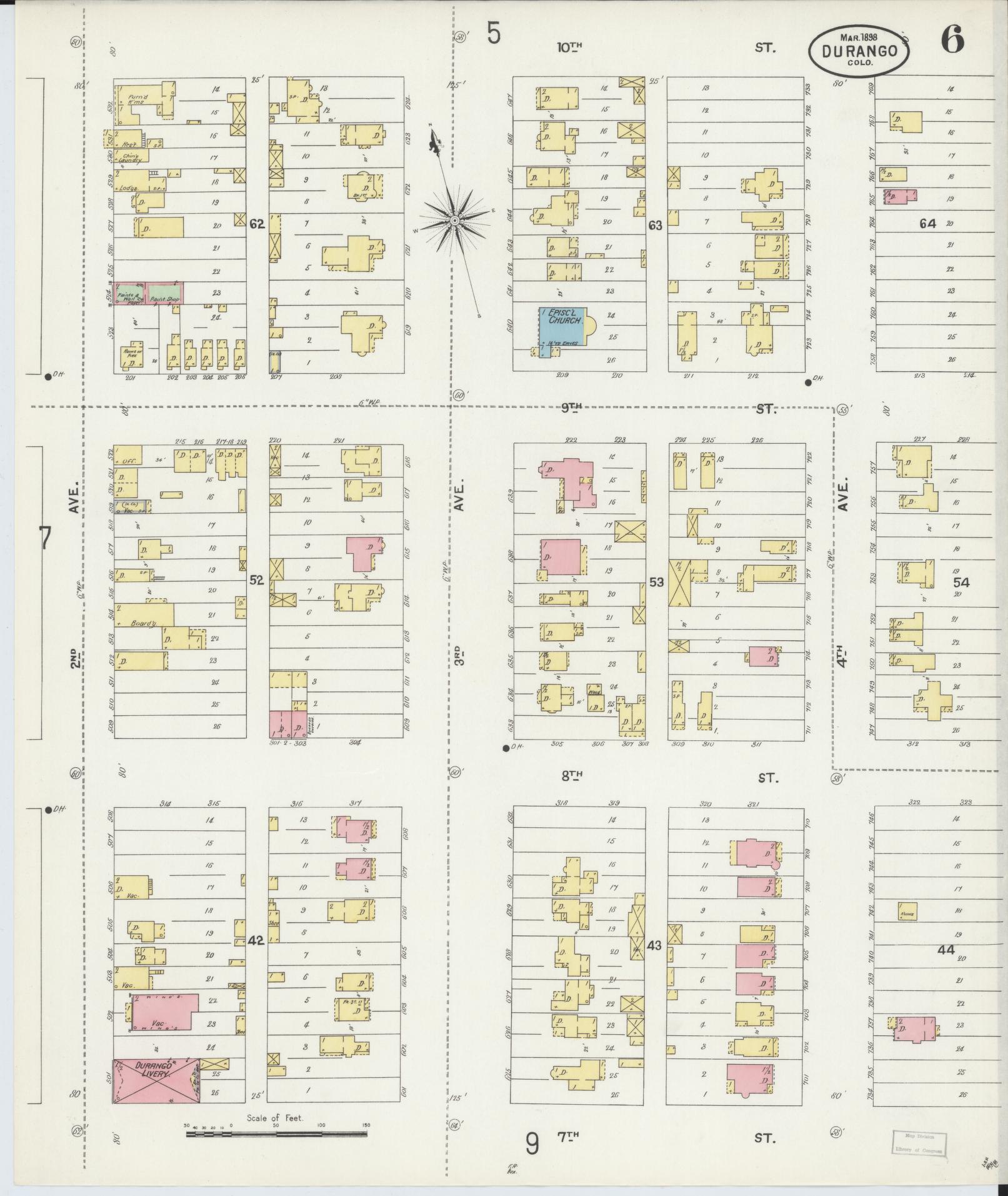 Sanborn Fire Insurance Map from Durango, La Plata County, Colorado (1898), Sheet #0006 - Complete Map Set gallery image, historic Sanborn map, vintage wall art, Colorado Colorado