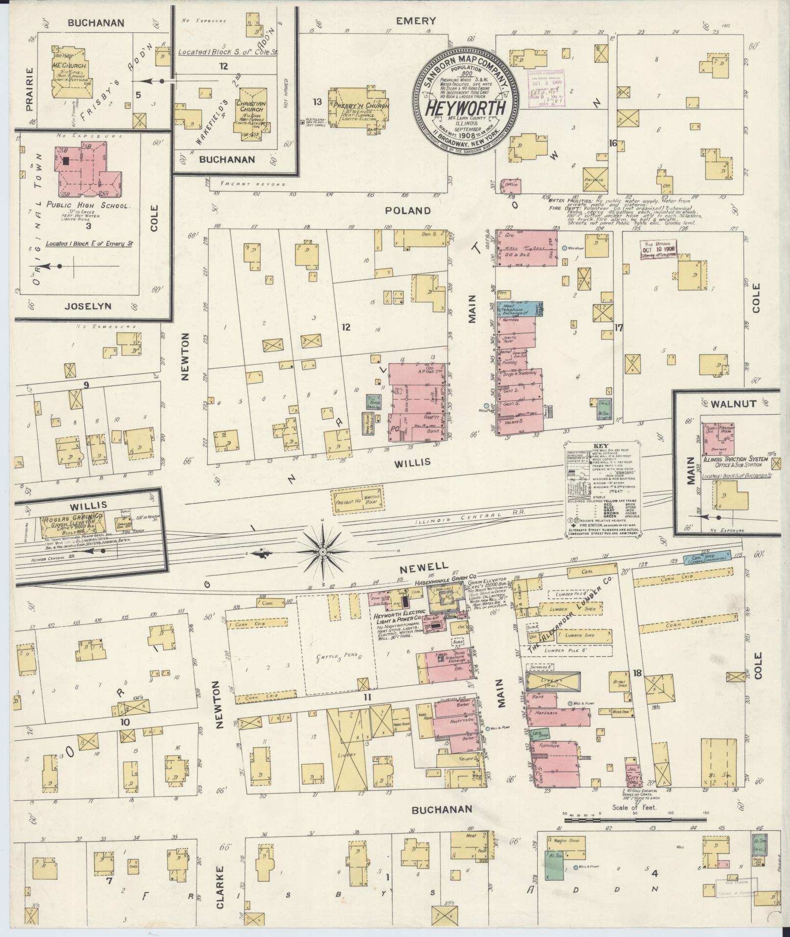 Sanborn Fire Insurance Map from Heyworth, McLean County, Illinois (1908), Sheet #0001 - Historic Sanborn Fire Insurance Map Print, vintage old map wall art, antique decor, genealogy gift, Illinois Illinois map