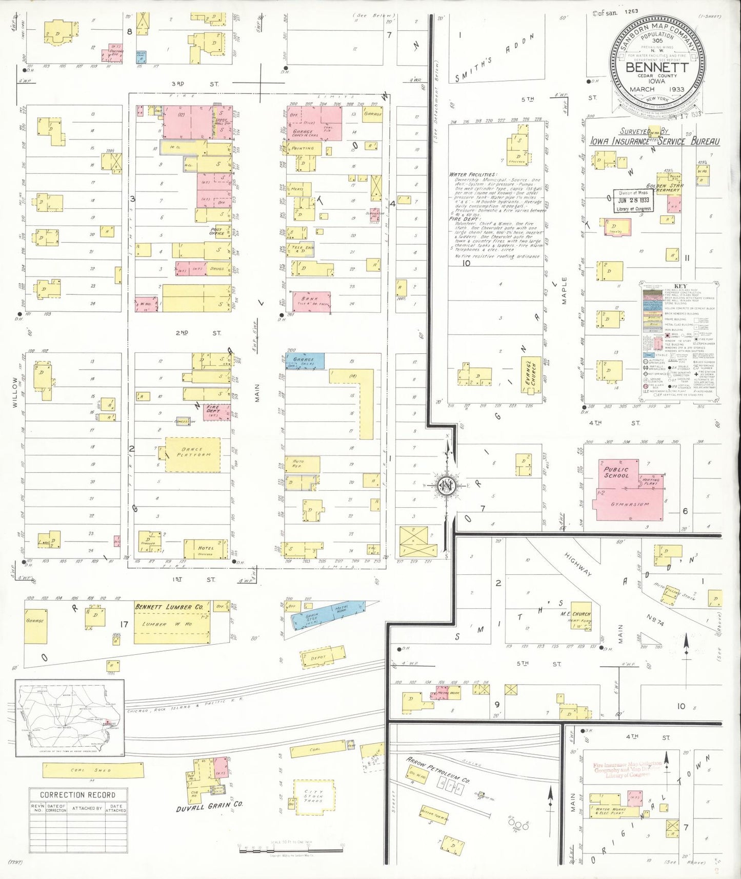 Sanborn Fire Insurance Map from Bennett, Cedar County, Iowa (1933), Sheet #0001 - Historic Sanborn Fire Insurance Map Print, vintage old map wall art
