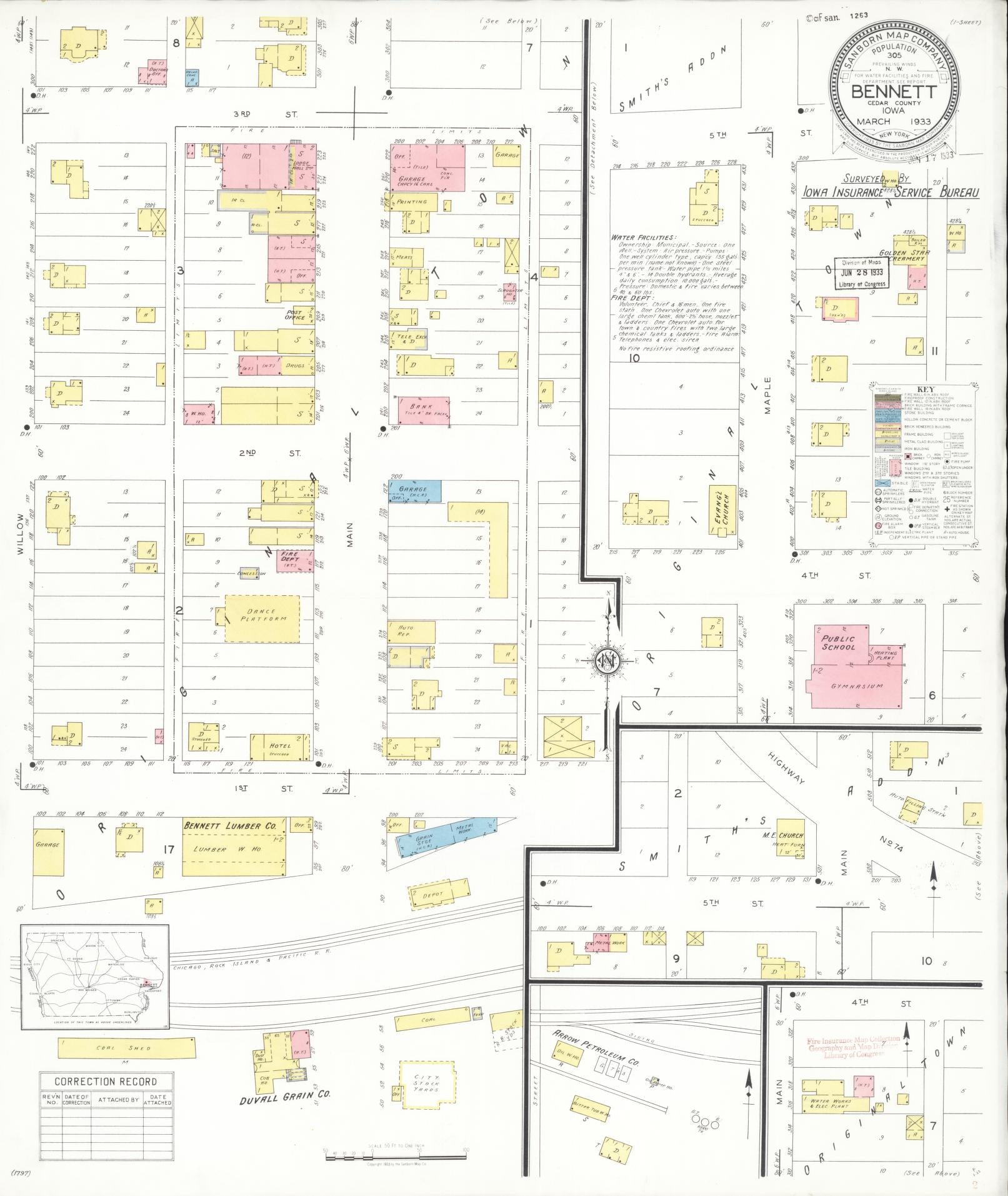 Sanborn Fire Insurance Map from Bennett, Cedar County, Iowa (1933), Sheet #0001 - Historic Sanborn Fire Insurance Map Print, vintage old map wall art