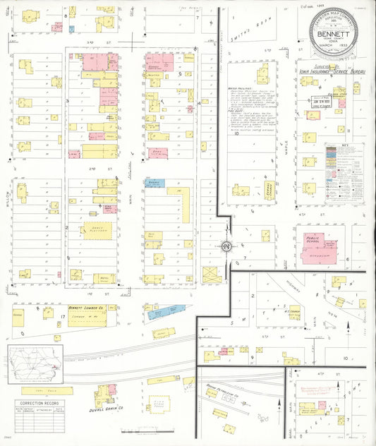 Sanborn Fire Insurance Map from Bennett, Cedar County, Iowa (1933), Sheet #0001 - Historic Sanborn Fire Insurance Map Print, vintage old map wall art