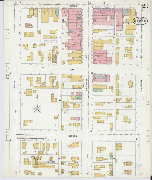 Sanborn Fire Insurance Map from Big Rapids, Mecosta County, Michigan (1899), Sheet #0002 - Historic Sanborn Fire Insurance Map Print, vintage old map wall art, antique decor, genealogy gift, Michigan Michigan map